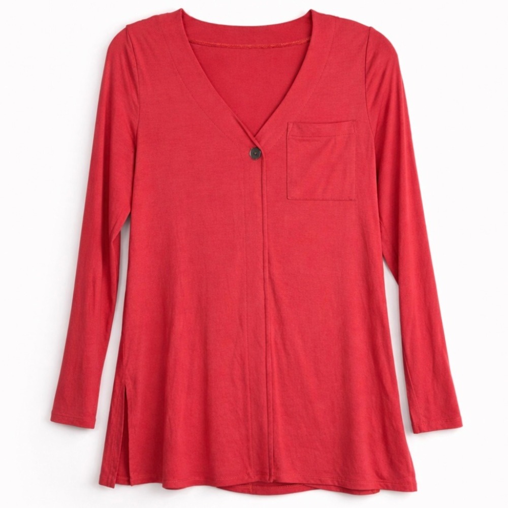 Soft Surroundings‎ Pink Red V Neck Tunic Shirt XS Long Sleeve Split Back